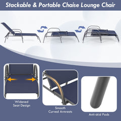 Set of 2 Stackable Patio Chaise Lounge Chairs with 5 Position Backrests, Navy