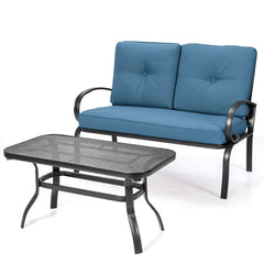 2 Piece Outdoor Loveseat Set, 47 in Cushioned Steel Bench Rated 550 lb with 5 in Blue Olefin Cushions and 36 in Hollow Top Coffee Table