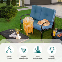 2 Piece Outdoor Loveseat Set, 47 in Cushioned Steel Bench Rated 550 lb with 5 in Blue Olefin Cushions and 36 in Hollow Top Coffee Table