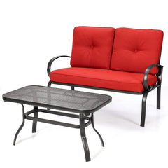 2 Piece Outdoor Loveseat Set, 47 in Cushioned Steel Bench Rated 550 lb with 5 in Red Olefin Cushions and 36 in Hollow Top Coffee Table