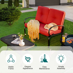 2 Piece Outdoor Loveseat Set, 47 in Cushioned Steel Bench Rated 550 lb with 5 in Red Olefin Cushions and 36 in Hollow Top Coffee Table