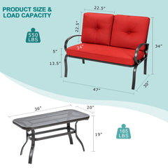 2 Piece Outdoor Loveseat Set, 47 in Cushioned Steel Bench Rated 550 lb with 5 in Red Olefin Cushions and 36 in Hollow Top Coffee Table