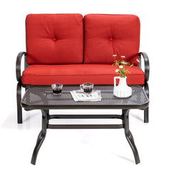 2 Piece Outdoor Loveseat Set, 47 in Cushioned Steel Bench Rated 550 lb with 5 in Red Olefin Cushions and 36 in Hollow Top Coffee Table
