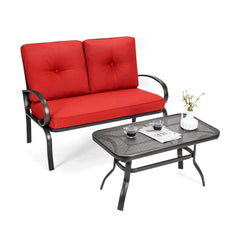 2 Piece Outdoor Loveseat Set, 47 in Cushioned Steel Bench Rated 550 lb with 5 in Red Olefin Cushions and 36 in Hollow Top Coffee Table