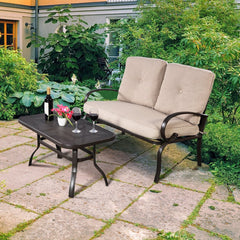 2 Piece Outdoor Loveseat Set, 47 in Cushioned Steel Bench Rated 550 lb with 5 in Beige Olefin Cushions and 36 in Hollow Top Coffee Table