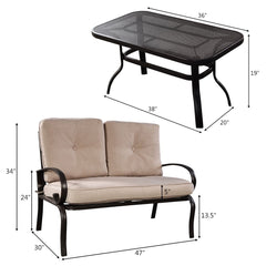 2 Piece Outdoor Loveseat Set, 47 in Cushioned Steel Bench Rated 550 lb with 5 in Beige Olefin Cushions and 36 in Hollow Top Coffee Table