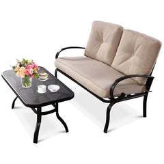 2 Piece Outdoor Loveseat Set, 47 in Cushioned Steel Bench Rated 550 lb with 5 in Beige Olefin Cushions and 36 in Hollow Top Coffee Table