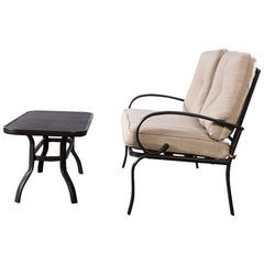 2 Piece Outdoor Loveseat Set, 47 in Cushioned Steel Bench Rated 550 lb with 5 in Beige Olefin Cushions and 36 in Hollow Top Coffee Table