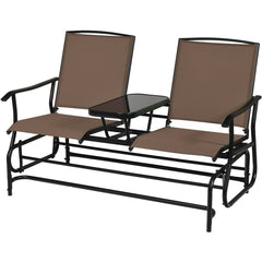 2 Person Outdoor Glider Loveseat with Centre Tempered Glass Table, 57 in Brown Mesh Bench Rated 530 lb