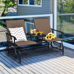 2 Person Outdoor Glider Loveseat with Centre Tempered Glass Table, 57 in Brown Mesh Bench Rated 530 lb