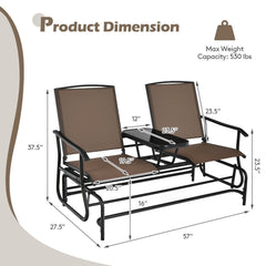 2 Person Outdoor Glider Loveseat with Centre Tempered Glass Table, 57 in Brown Mesh Bench Rated 530 lb