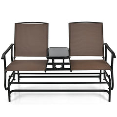 2 Person Outdoor Glider Loveseat with Centre Tempered Glass Table, 57 in Brown Mesh Bench Rated 530 lb