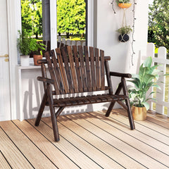 2-Person Log Wood Patio Bench with Slatted Backrest for Deck Backyard-Brown