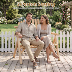 2-Person Log Wood Patio Bench with Slatted Backrest for Deck Backyard-Natural