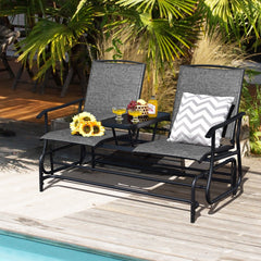 2 Person Outdoor Glider Loveseat with Centre Tempered Glass Table, 57 in Grey Mesh Bench Rated 530 lb