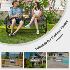 2 Person Outdoor Glider Loveseat with Centre Tempered Glass Table, 57 in Grey Mesh Bench Rated 530 lb