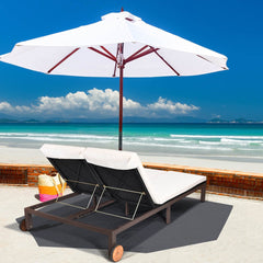 Two Person Rattan Double Lounge Chair with Separate Backrests and Wheels, White