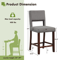 Set of 2 Grey Linen Counter Height Bar Chairs, 24.5 Inch Seat Height, Hollow Back, 400 lb Rating