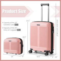 2-Piece Luggage Set 20 Inch Carry-on Suitcase and 14 Inch Cosmetic Case-Pink