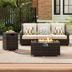 2-Piece Outdoor Rattan Fire Table Set 32 Inch Rectangle Gas Firepit with Tank Cover-Brown