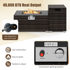 2-Piece Outdoor Rattan Fire Table Set 32 Inch Rectangle Gas Firepit with Tank Cover-Brown
