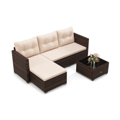 L Shaped Outdoor Wicker Sofa Set with Chaise and Glass Coffee Table, 75 Inch Sectional, Beige Cushions