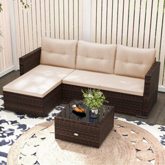 L Shaped Outdoor Wicker Sofa Set with Chaise and Glass Coffee Table, 75 Inch Sectional, Beige Cushions