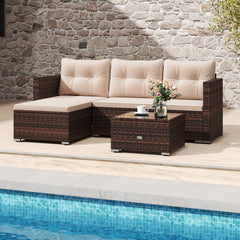 L Shaped Outdoor Wicker Sofa Set with Chaise and Glass Coffee Table, 75 Inch Sectional, Beige Cushions