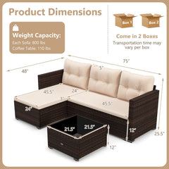 L Shaped Outdoor Wicker Sofa Set with Chaise and Glass Coffee Table, 75 Inch Sectional, Beige Cushions