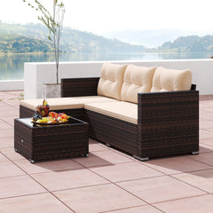 L Shaped Outdoor Wicker Sofa Set with Chaise and Glass Coffee Table, 75 Inch Sectional, Beige Cushions
