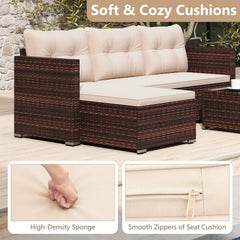L Shaped Outdoor Wicker Sofa Set with Chaise and Glass Coffee Table, 75 Inch Sectional, Beige Cushions