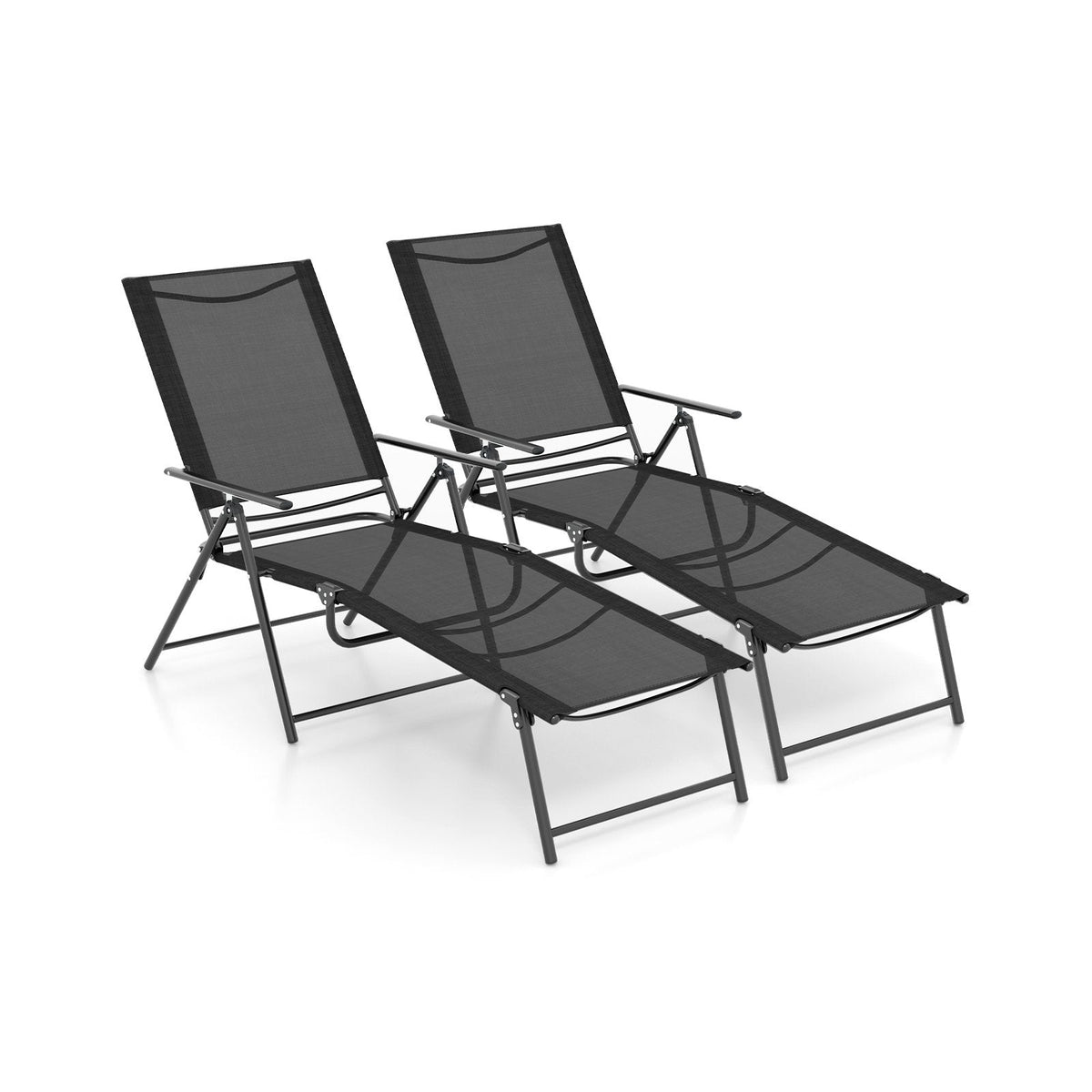 Set of 2 Folding Chaise Lounge Recliners with 6 Level Backrests, Black