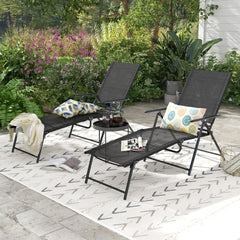 Set of 2 Folding Chaise Lounge Recliners with 6 Level Backrests, Black