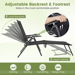 Set of 2 Folding Chaise Lounge Recliners with 6 Level Backrests, Black