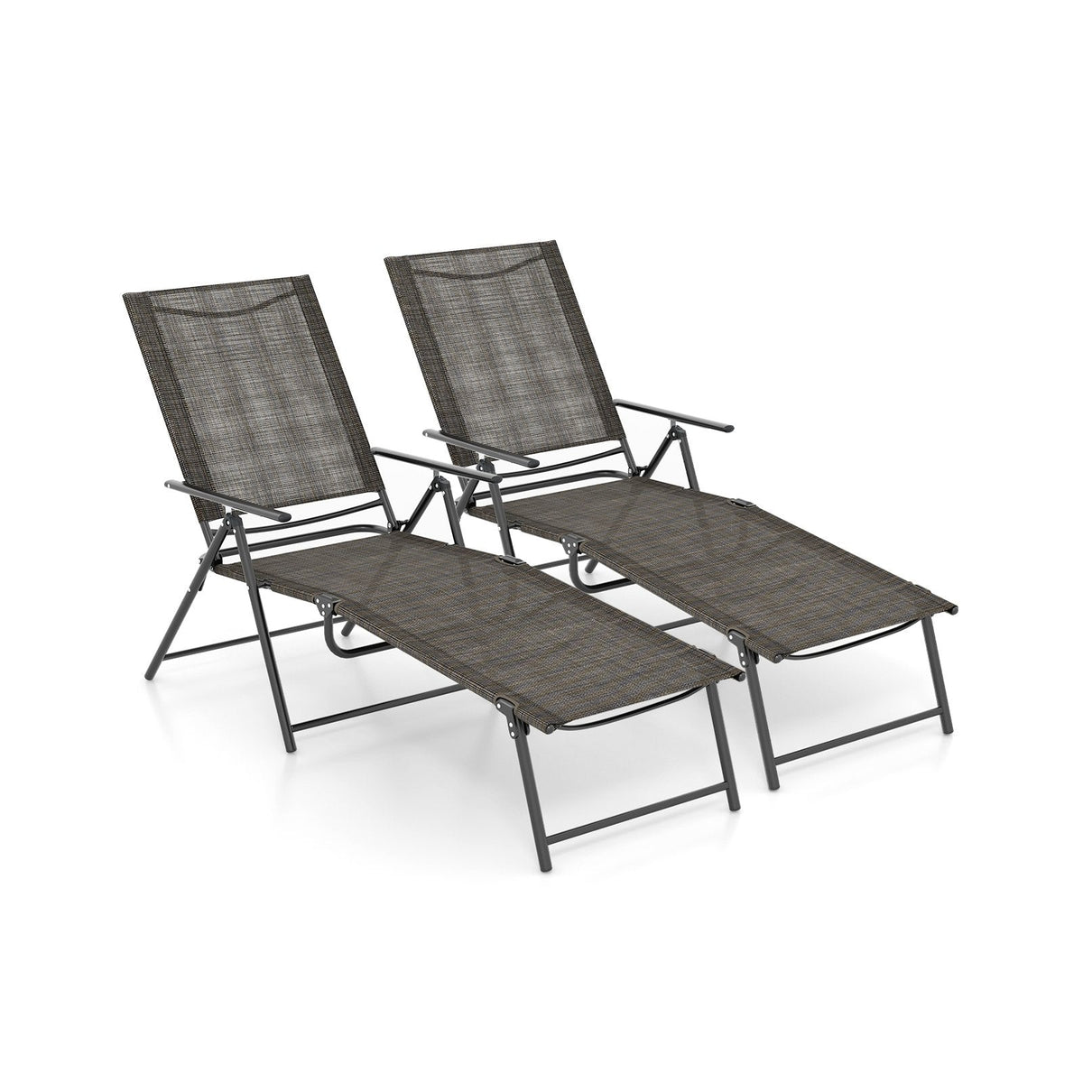 Set of 2 Folding Chaise Lounge Recliners with 2 Level Footrests, Coffee