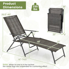 Set of 2 Folding Chaise Lounge Recliners with 2 Level Footrests, Coffee