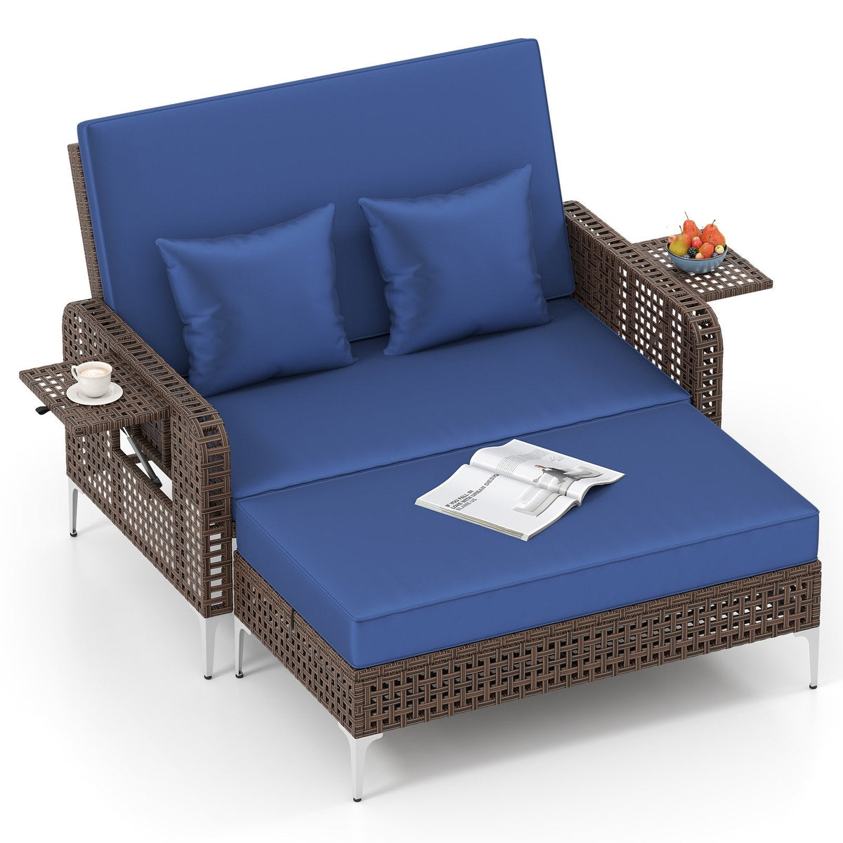 2 Piece Patio Rattan Daybed, Wicker Loveseat and 15 Gallon Storage Ottoman, 4 Level Adjustable Backrest, Navy