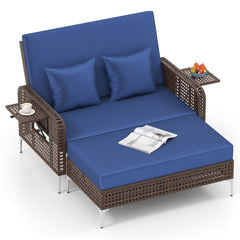 2 Piece Patio Rattan Daybed, Wicker Loveseat and 15 Gallon Storage Ottoman, 4 Level Adjustable Backrest, Navy