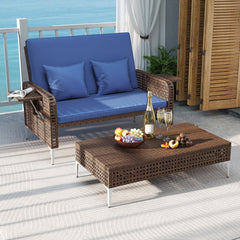 2 Piece Patio Rattan Daybed, Wicker Loveseat and 15 Gallon Storage Ottoman, 4 Level Adjustable Backrest, Navy