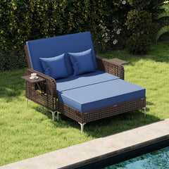 2 Piece Patio Rattan Daybed, Wicker Loveseat and 15 Gallon Storage Ottoman, 4 Level Adjustable Backrest, Navy