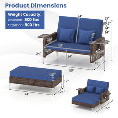 2 Piece Patio Rattan Daybed, Wicker Loveseat and 15 Gallon Storage Ottoman, 4 Level Adjustable Backrest, Navy