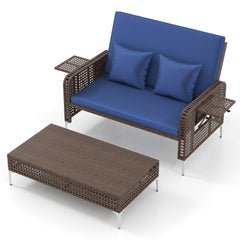 2 Piece Patio Rattan Daybed, Wicker Loveseat and 15 Gallon Storage Ottoman, 4 Level Adjustable Backrest, Navy