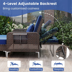 2 Piece Patio Rattan Daybed, Wicker Loveseat and 15 Gallon Storage Ottoman, 4 Level Adjustable Backrest, Navy