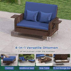 2 Piece Patio Rattan Daybed, Wicker Loveseat and 15 Gallon Storage Ottoman, 4 Level Adjustable Backrest, Navy