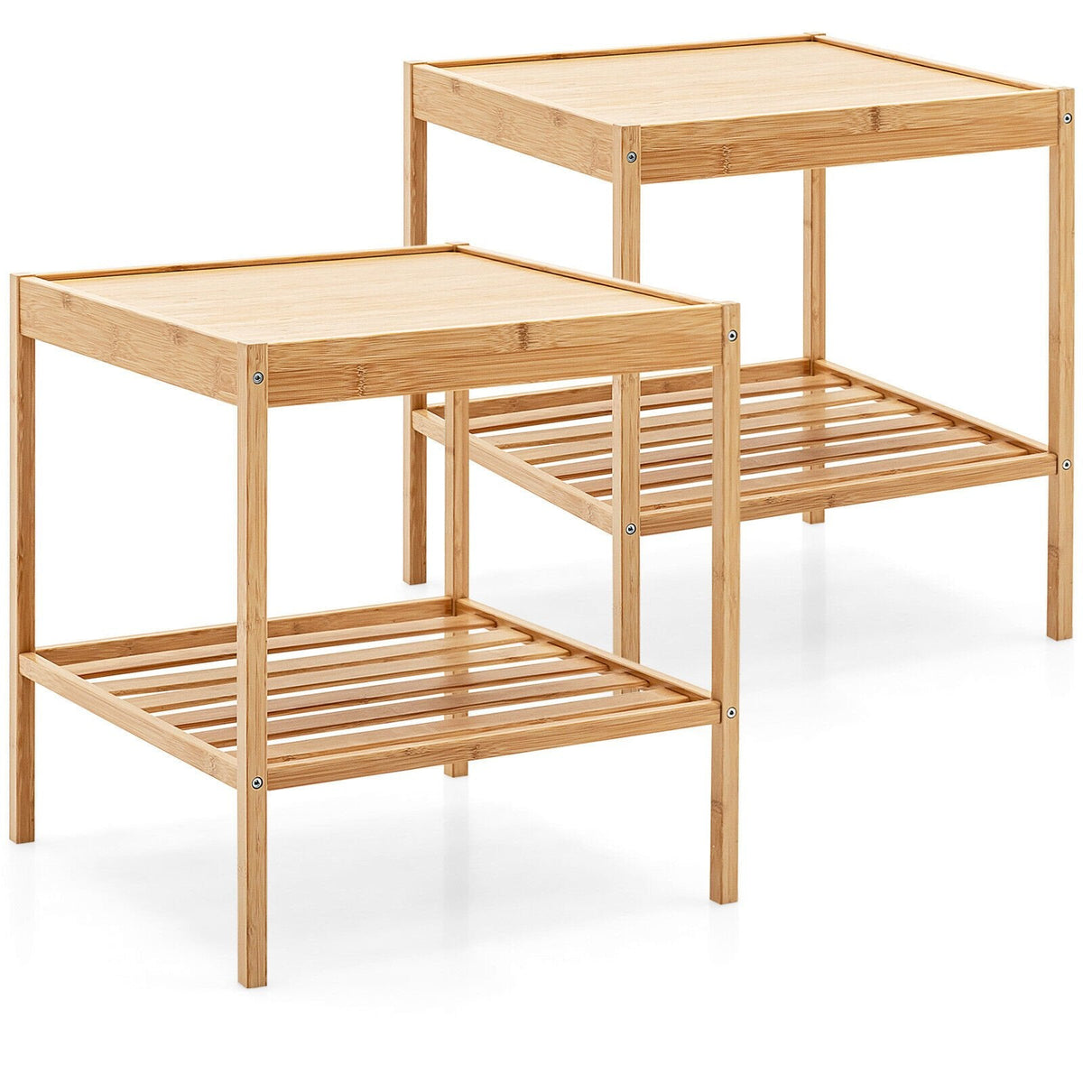 2 Piece 2 Tier Bamboo Nightstand for Living Room and Bedroom, Natural