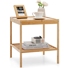 2 Piece 2 Tier Bamboo Nightstand for Living Room and Bedroom, Natural