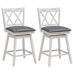 Set of 2 Antique White Swivel Counter Stools with X Back, 25 Inch Seat Height, Grey Padded Seat