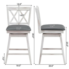 Set of 2 Antique White Swivel Counter Stools with X Back, 25 Inch Seat Height, Grey Padded Seat
