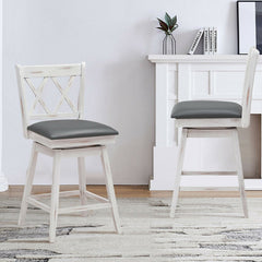 Set of 2 Antique White Swivel Counter Stools with X Back, 25 Inch Seat Height, Grey Padded Seat