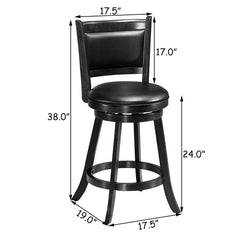Set of 2 Black Swivel Counter Stools with Padded Panel Back, 24 Inch Seat Height, Rubber Wood